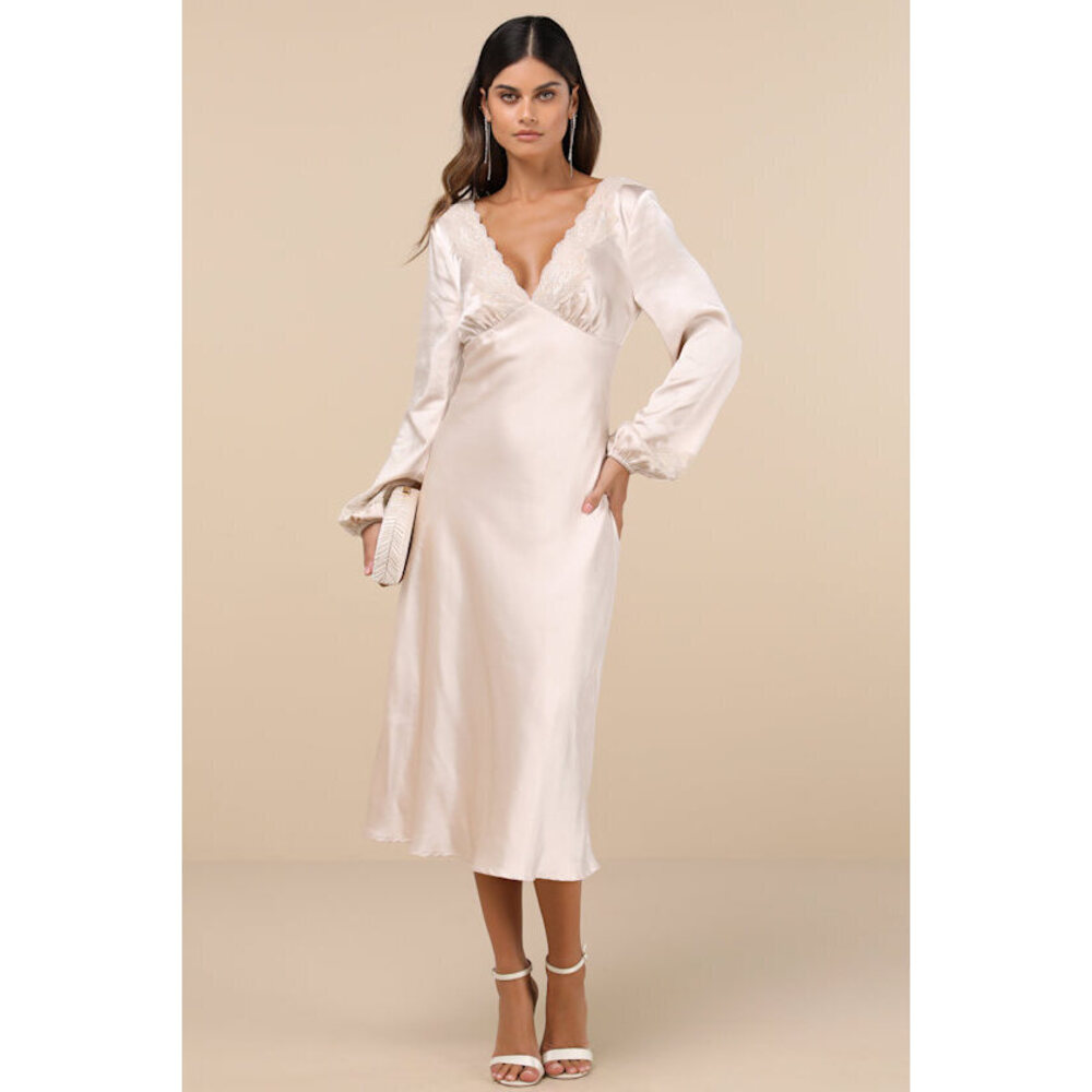 Lulus Illustrious Elegance Champagne Satin Long Sleeve Midi Dress White - Size L